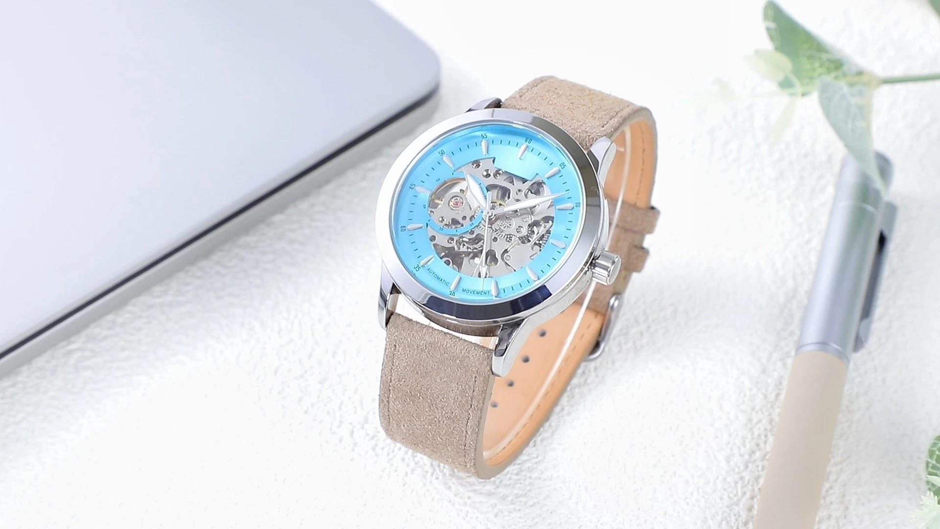 Men's Automatic Skeleton Business Watch Round Case Mechanical Wristwatch Milanese or Leather Strap Options 1