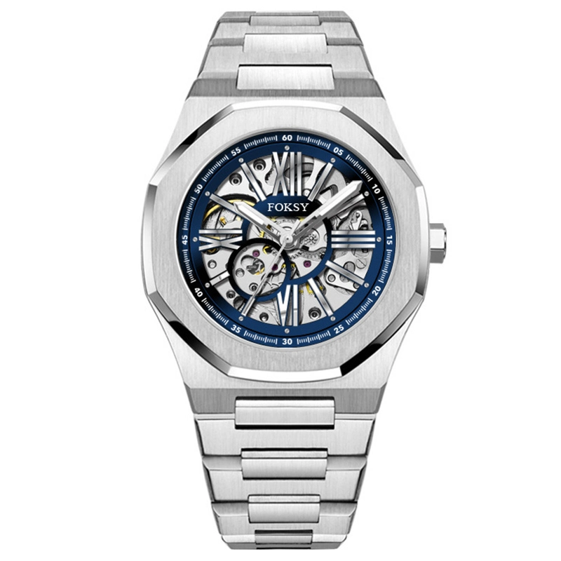 Skeleton Steel Watch Precision Automatic Round Case Luxury Stainless Bracelet OEM 1