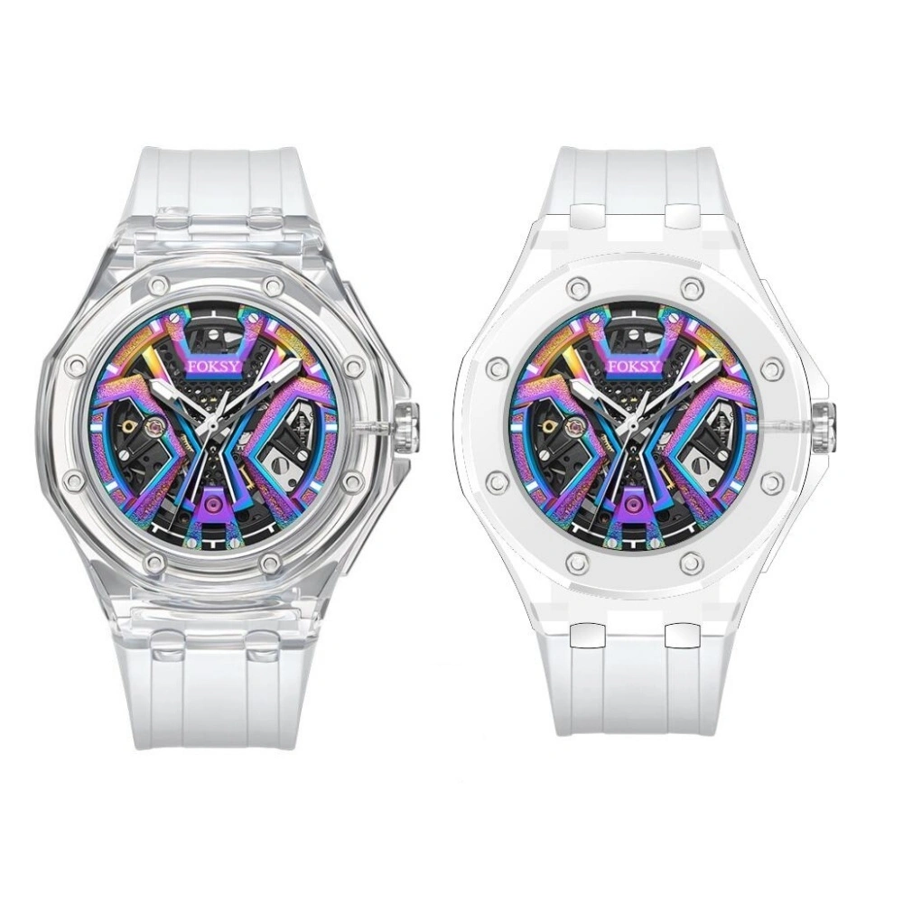 Transparent Automatic Watch Lightweight Plastic Case Waterproof Skeleton Color Dial Silicone Strap 1