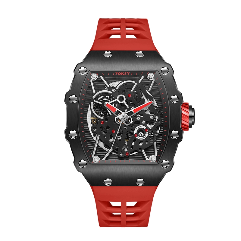 Tonneau Skeleton Automatic Mechanical Men 5ATM Waterproof Silicone Strap Sport Watch 1