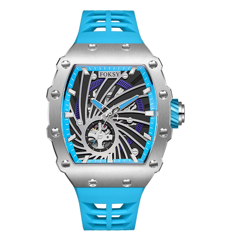 FOKSY Radiating Skeleton Tonneau Automatic Watch Unique Swirl Dial Silicone Strap 5ATM Watch 1