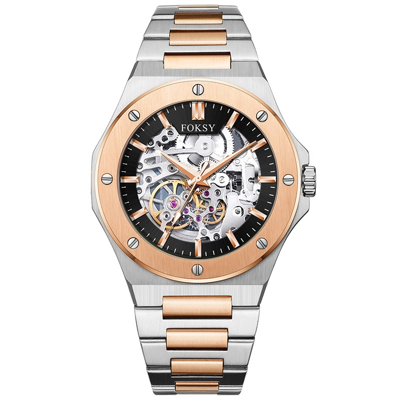 FOKSY Wholesale Automatic Watch Skeleton Dial Marker Steel Strap Men Watch 336-6-1007 1