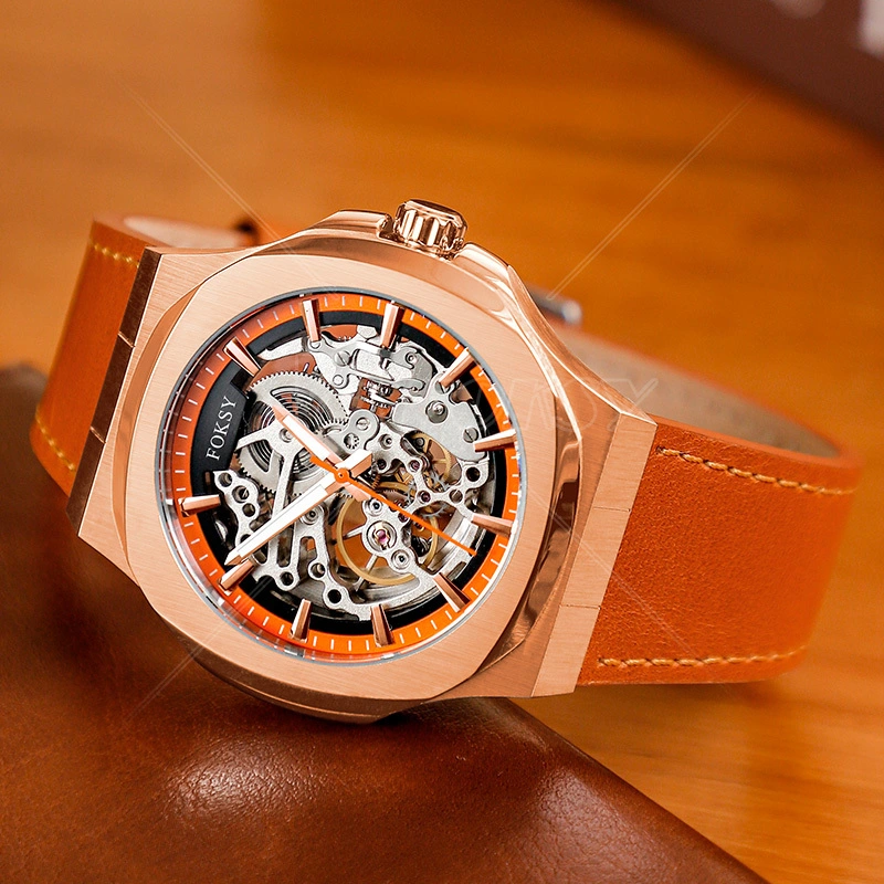 Vintage Leather Skeleton Automatic Watch Men Polygon Case Luxury Mechanical Watch 499-6-1003 1