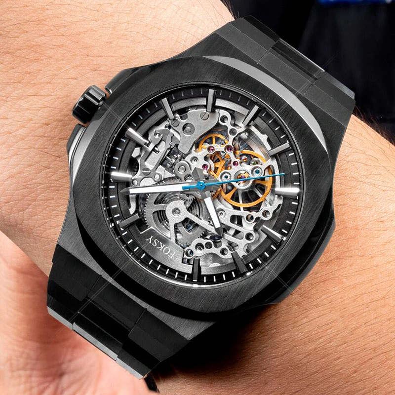 Brushed Steel Skeleton Automatic Watch Stainless Steel Mechanical Watch Custom 499-6-1003 1