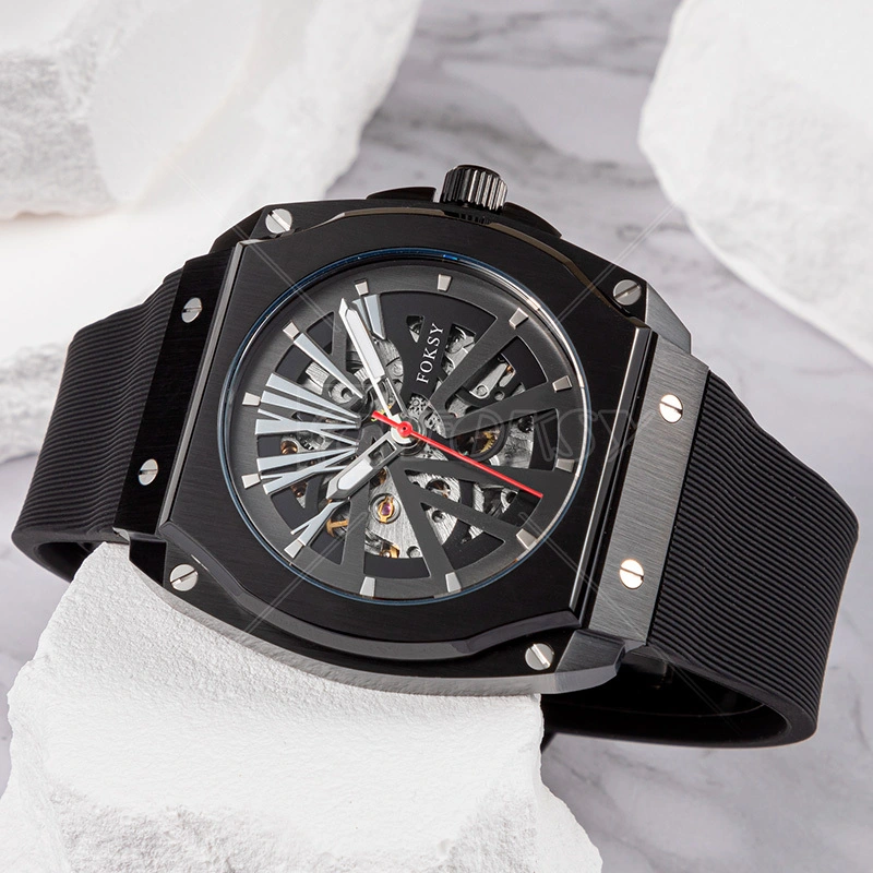 Mechanical Watch Design Rivet Skeleton Automatic Watch Men Sport Silicone Strap 537-6-1003 1