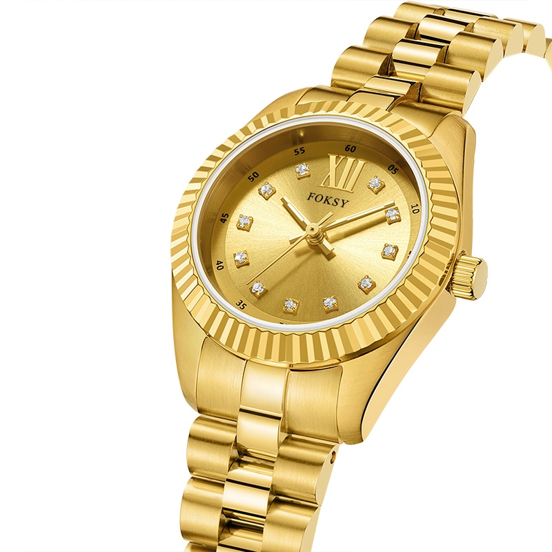 Women's Fluted Bezel Quartz Watch Custom Logo Crystal Index Stainless Steel Dress Watch 216-7-1001 1