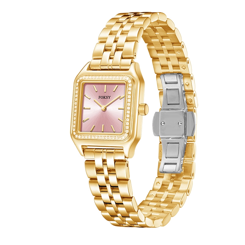 Montre habillée pour femme, lunette carrée en cristal, mouvement à quartz, bracelet cuir/acier, référence 214-7-1001 1