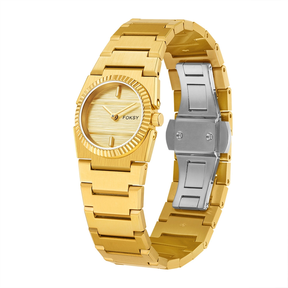 Montre personnalisée pour femme, cadran imitation bois, lunette cannelée, bracelet 224-7-1001 1