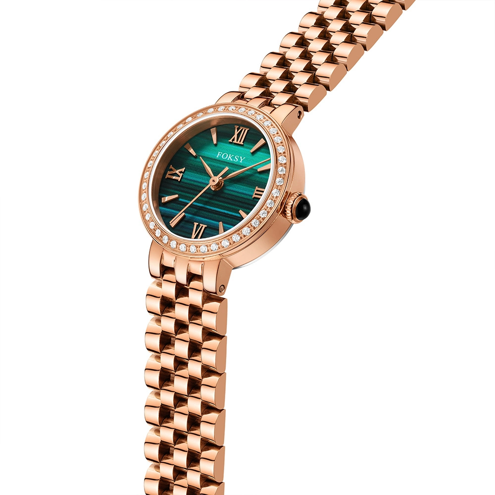 Reloj de pulsera para mujer con correa larga, esfera de malaquita, bisel de cristal personalizado, modelo 218-7-1001. 1