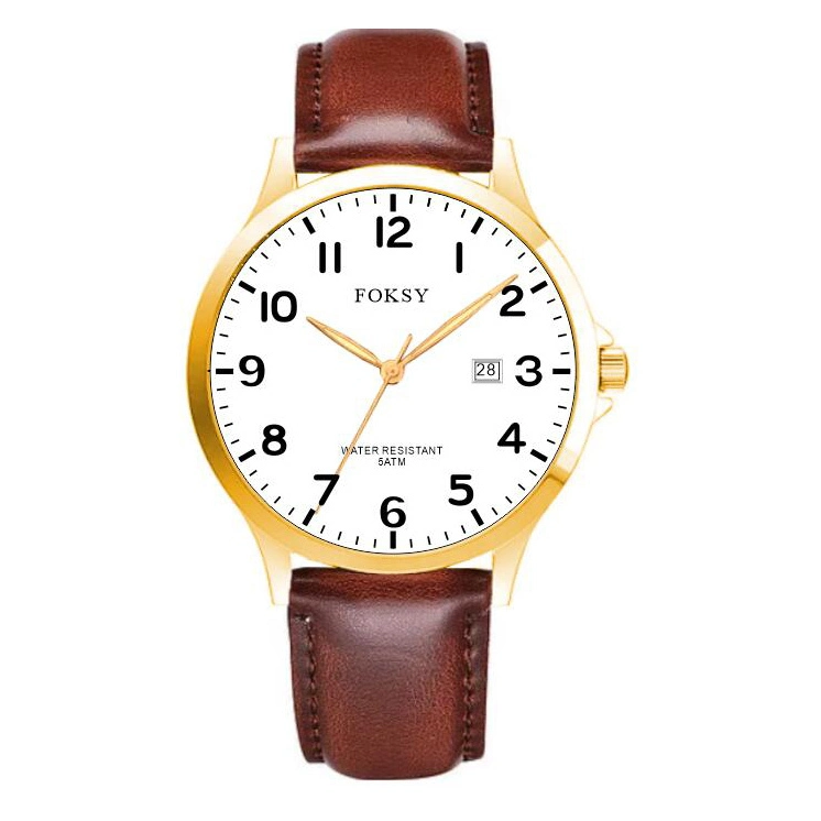 Reloj de cuarzo FOKSY sencillo de cuero para hombre, acero inoxidable, estilo casual y de negocios, modelo 353-7-1002 1