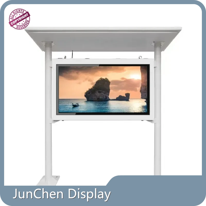 Painel de LED para publicidade externa com cobertura e alimentação solar, à prova de chuva. 1