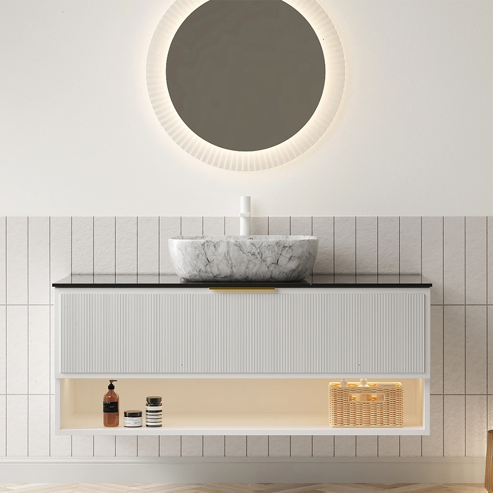 48 Inch Floating Hotel Bathroom Vanity Cabinet With Sintered Stone Sink & 2 Pinstripe Drawers 1