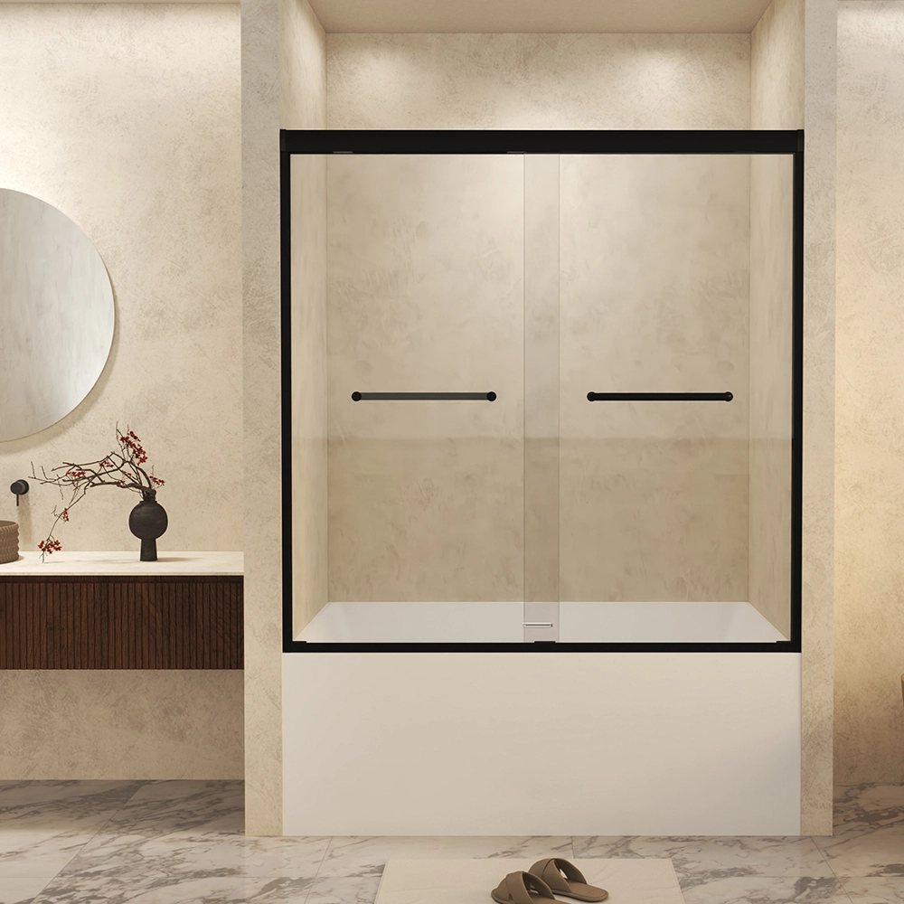 56-60 W × 60 H Tempered Glass Double Sliding Shower Door With Explosion Proof Film and Aluminum Frame for Bathroom Hotel 1