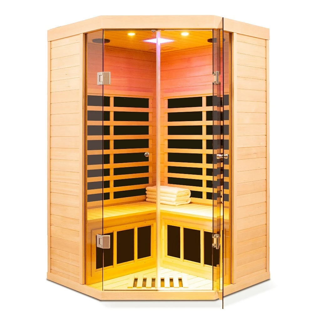 Deluxe Hemlock Far Infrared Corner Sauna Room with Glass Front for Two Persons 1