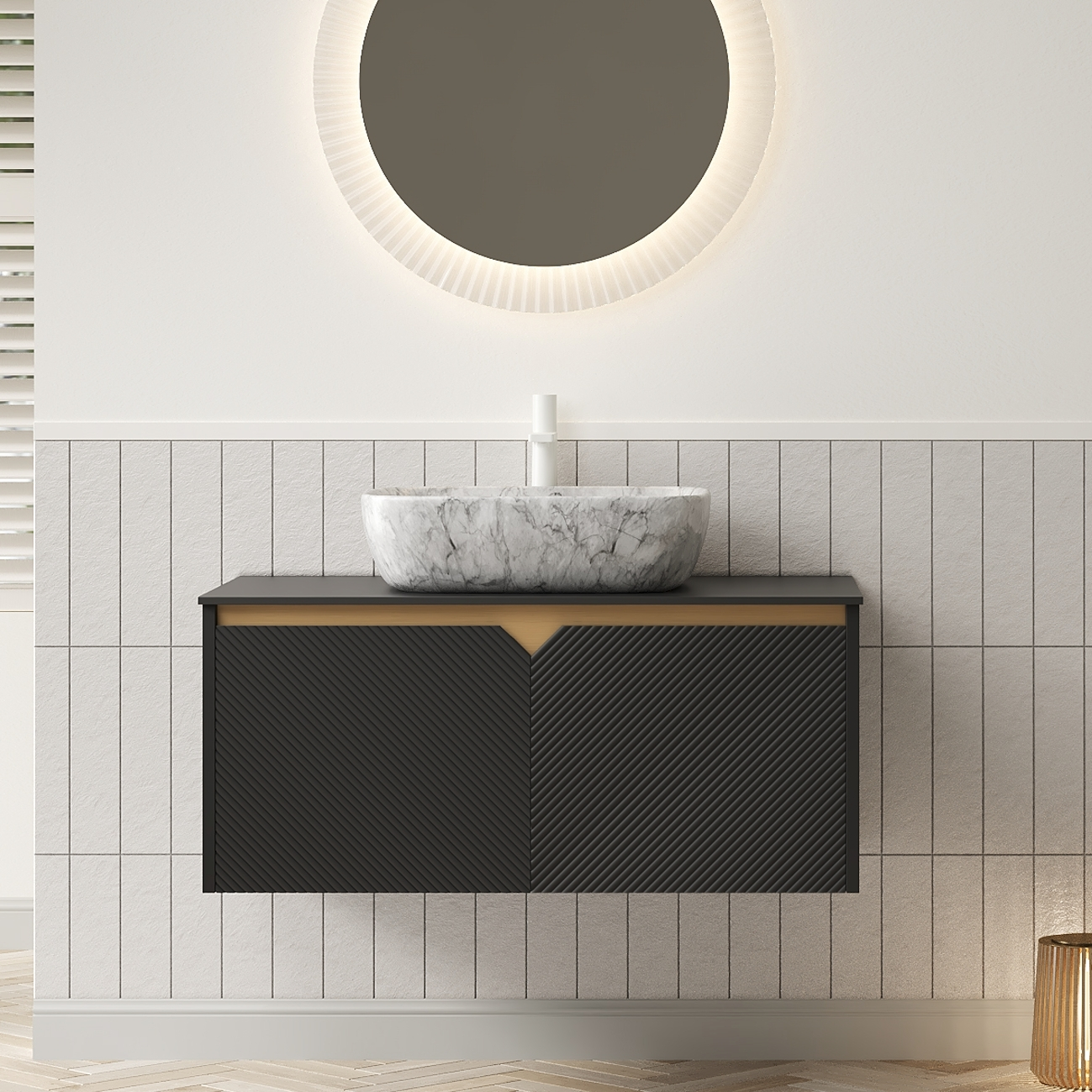 36”Wall-Mounted Bathroom Vanity Rectangle Cabinet With Black Sintered Stone Top 1