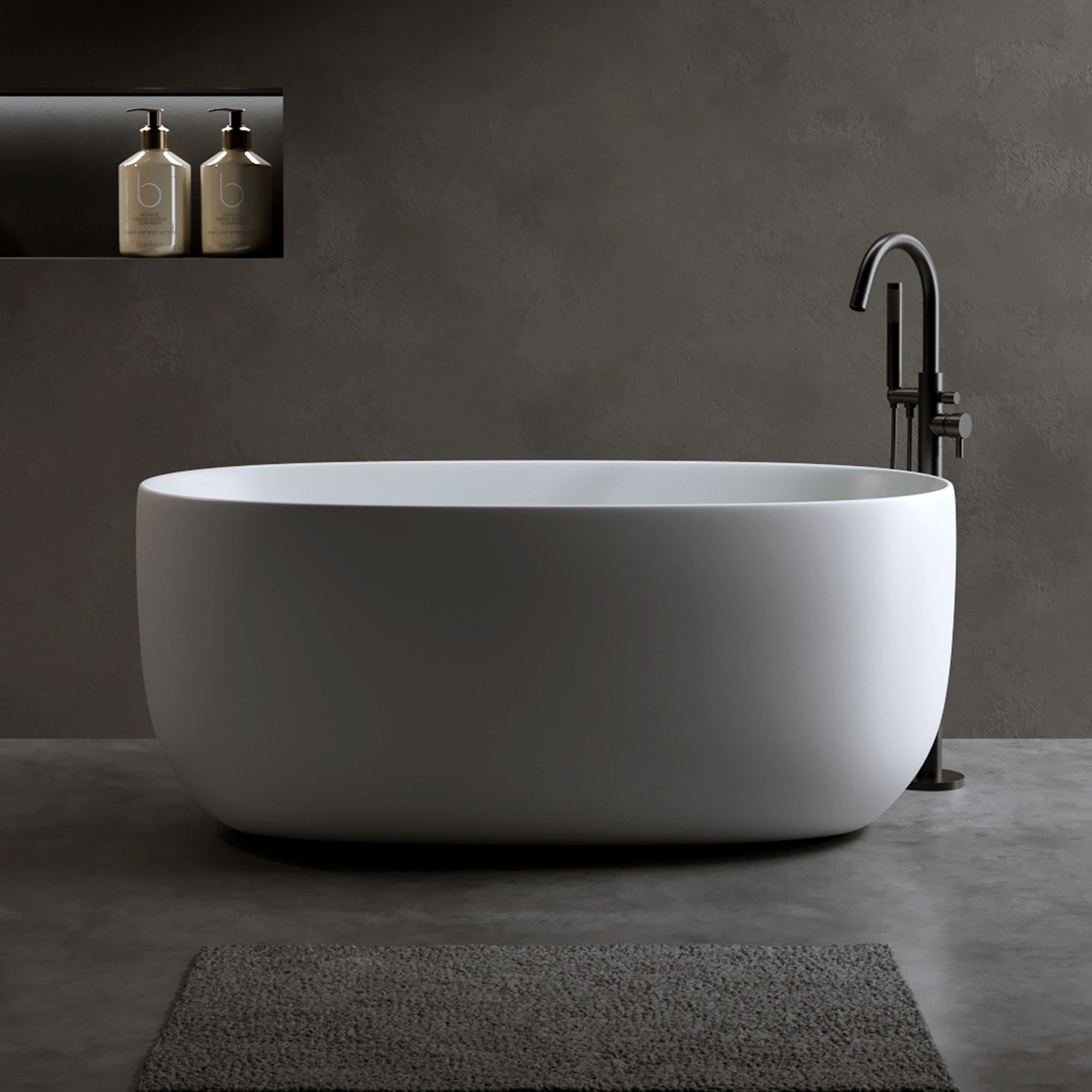 47'' Independent Solid Surface Resin Stone Bathtub With Pop-up Drainage and Overflow Pipes for Small Households 1