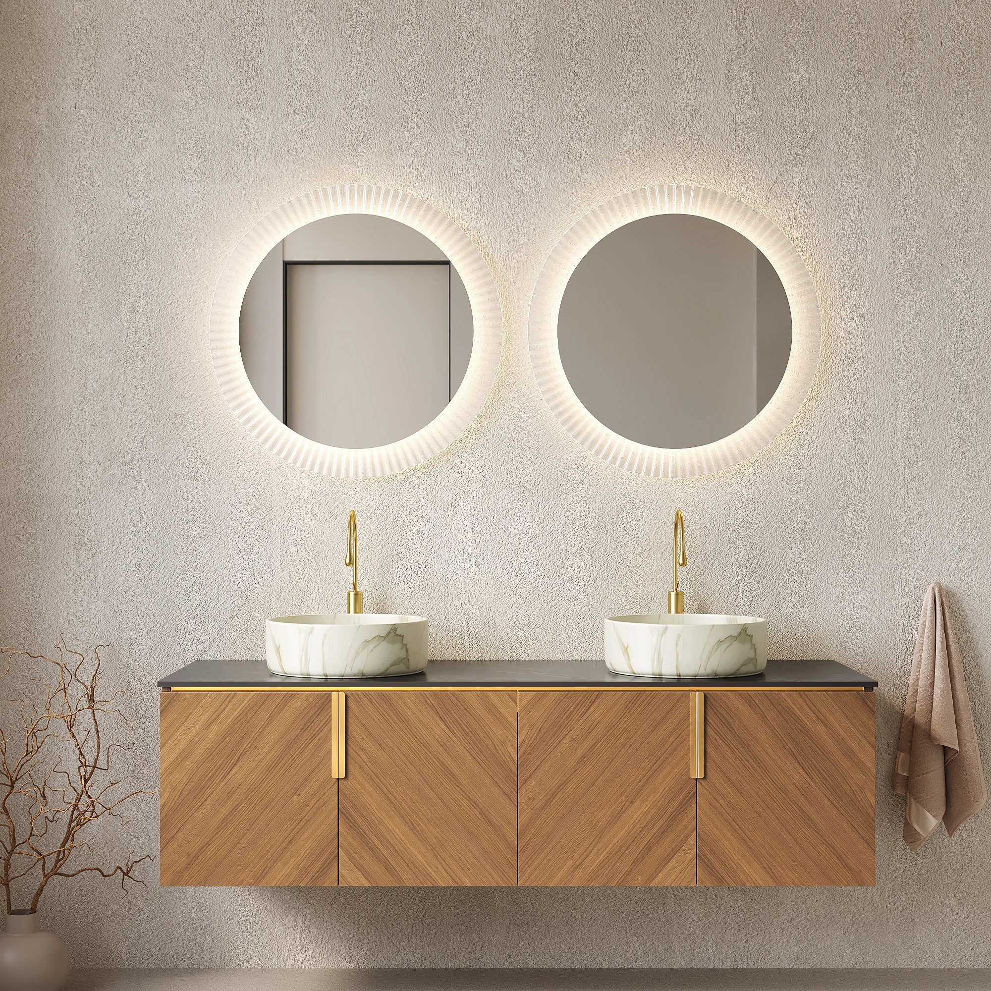 60 Plywood Bathroom Storage Cabinet With 4 doors, 2 Stone White Round Ceramic Bbasins and Black Sintered Stone Ccountertop 1