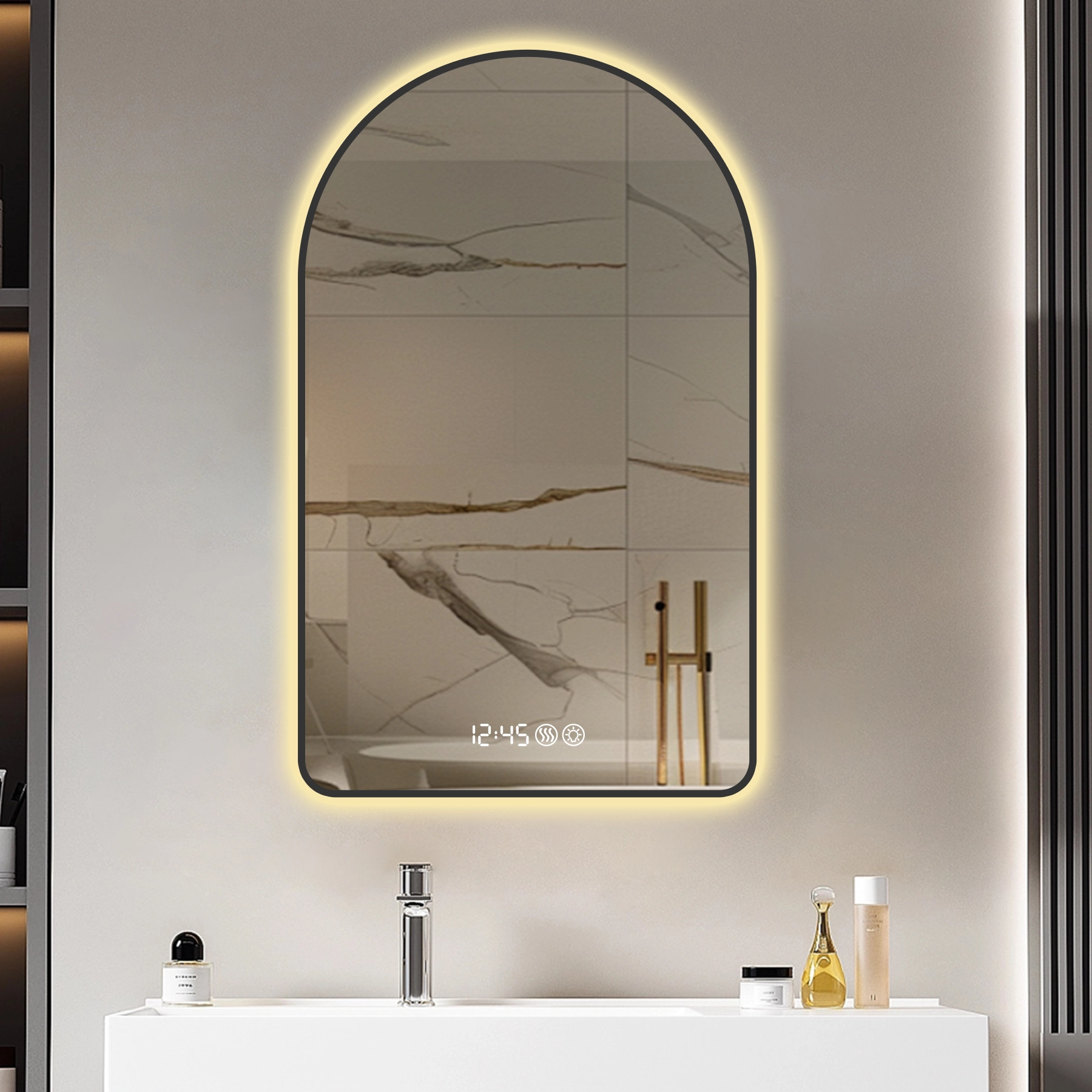 28x48Arched LED Mirror for Bathroom,Time and temperature display, Backlight, Anti-Fog, Dimmable, with Three Color Temperatures- Modern Vanity Light Mirror, 1
