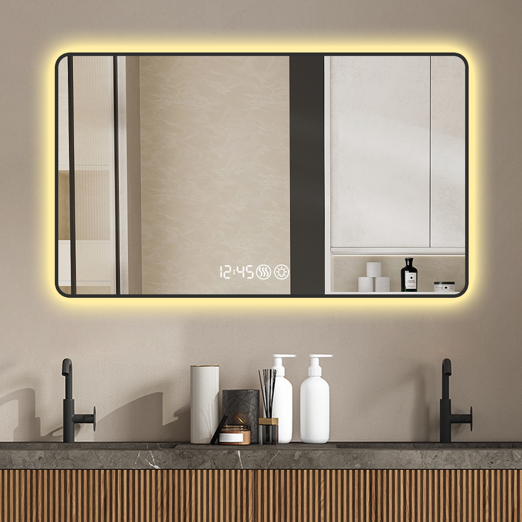 29x39 Black frame wall mirror with rounded corners vanity mirror, temperature display, tri color light, defogging 1