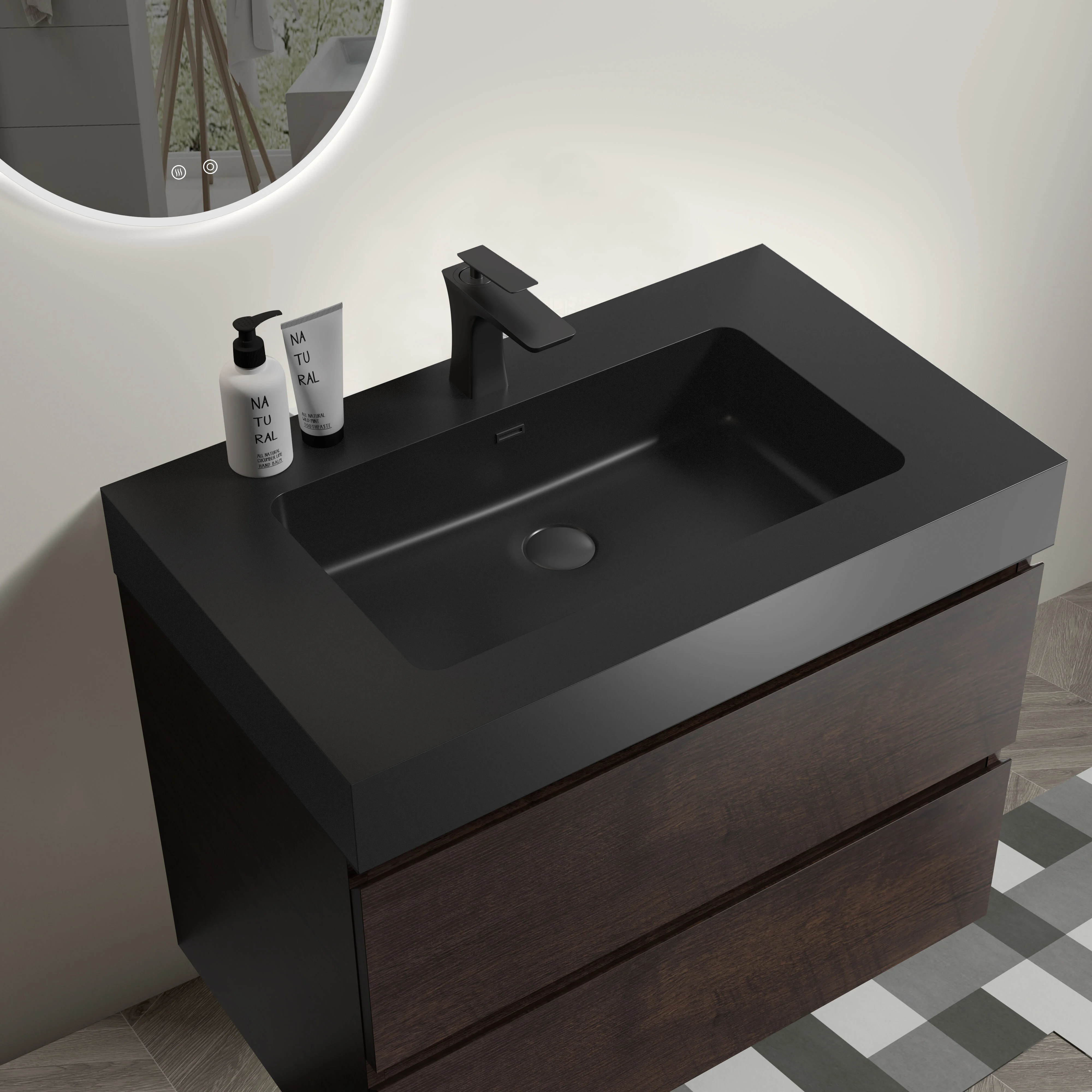 30*18.1 Integrated Engineered Quartz Basin Without Drain and Faucet Matt Black Color 1