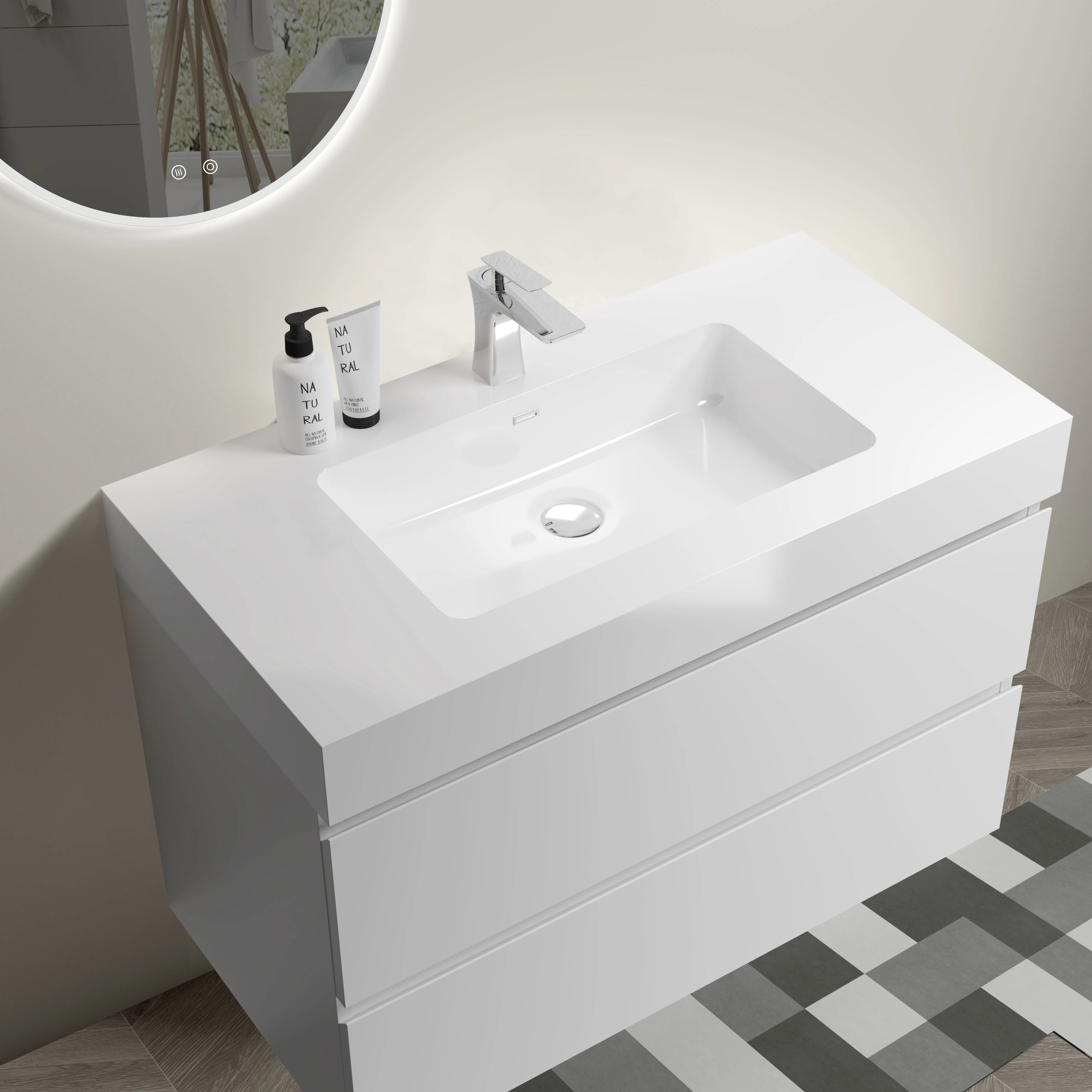 35.8*18.1“  Integrated solid surface basin WITHOUT drain and faucet, glossy white color 1