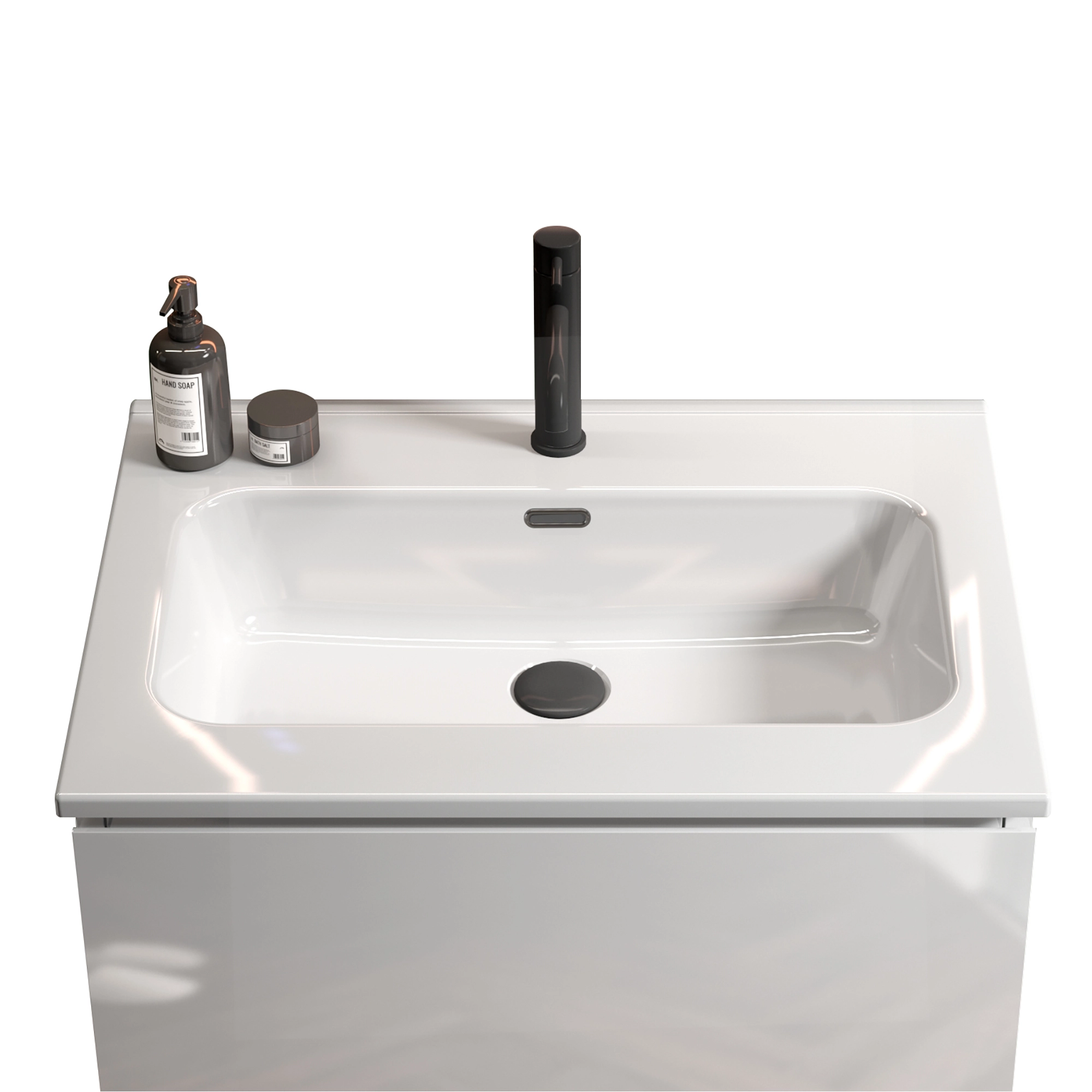 24*18.3  Integrated white ceramic basin with one predrilled faucet hole, drain assembly NOT included 1