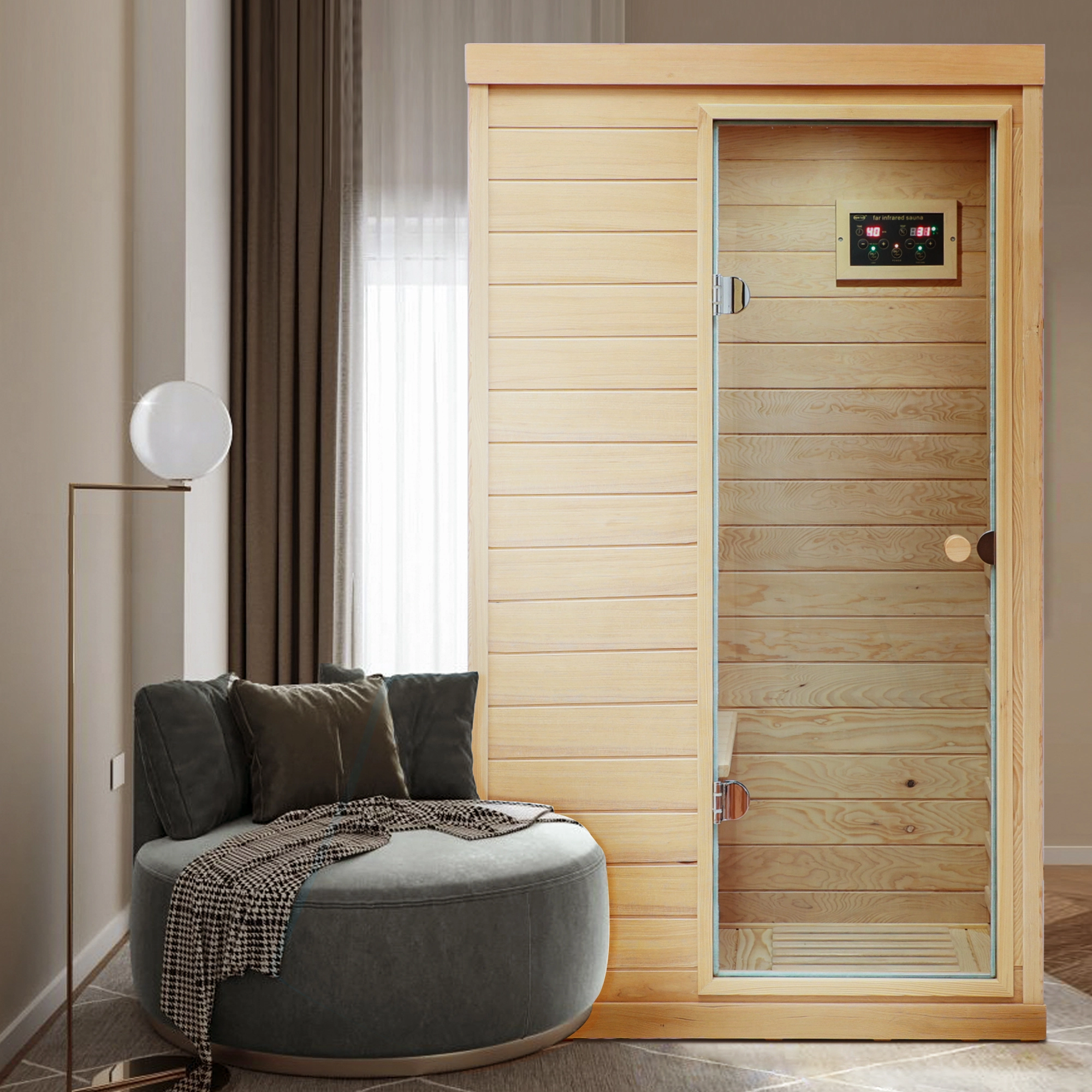 Hemlock Mini one person far infrared door on the Right of the indoor sauna room 1