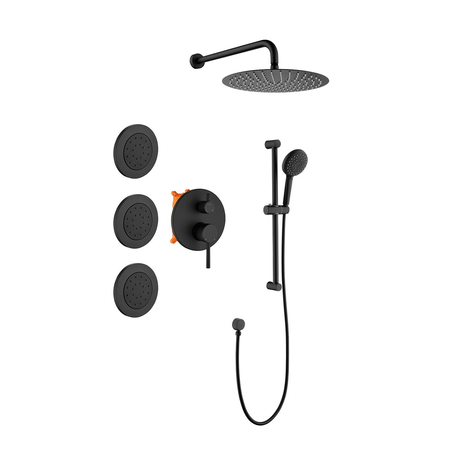 11.8 Inch Shower System with Shower Head, Hand Shower, Slide Bar, Bodysprays, Shower Arm, Hose, Valve Trim, and Lever Handles 1
