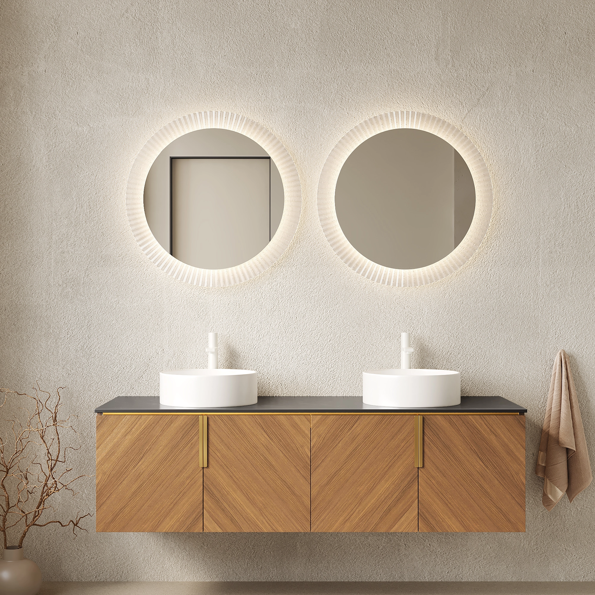 60*19.69 Bathroom Vanity with Sinks, Floating Wall-Mounted Plywood Bathroom Storage Cabinet with 4 Doors, 2 White Round Ceramic Basins and Black Sintered Stone Countertop, Brown Oak Woodgrain Color 1