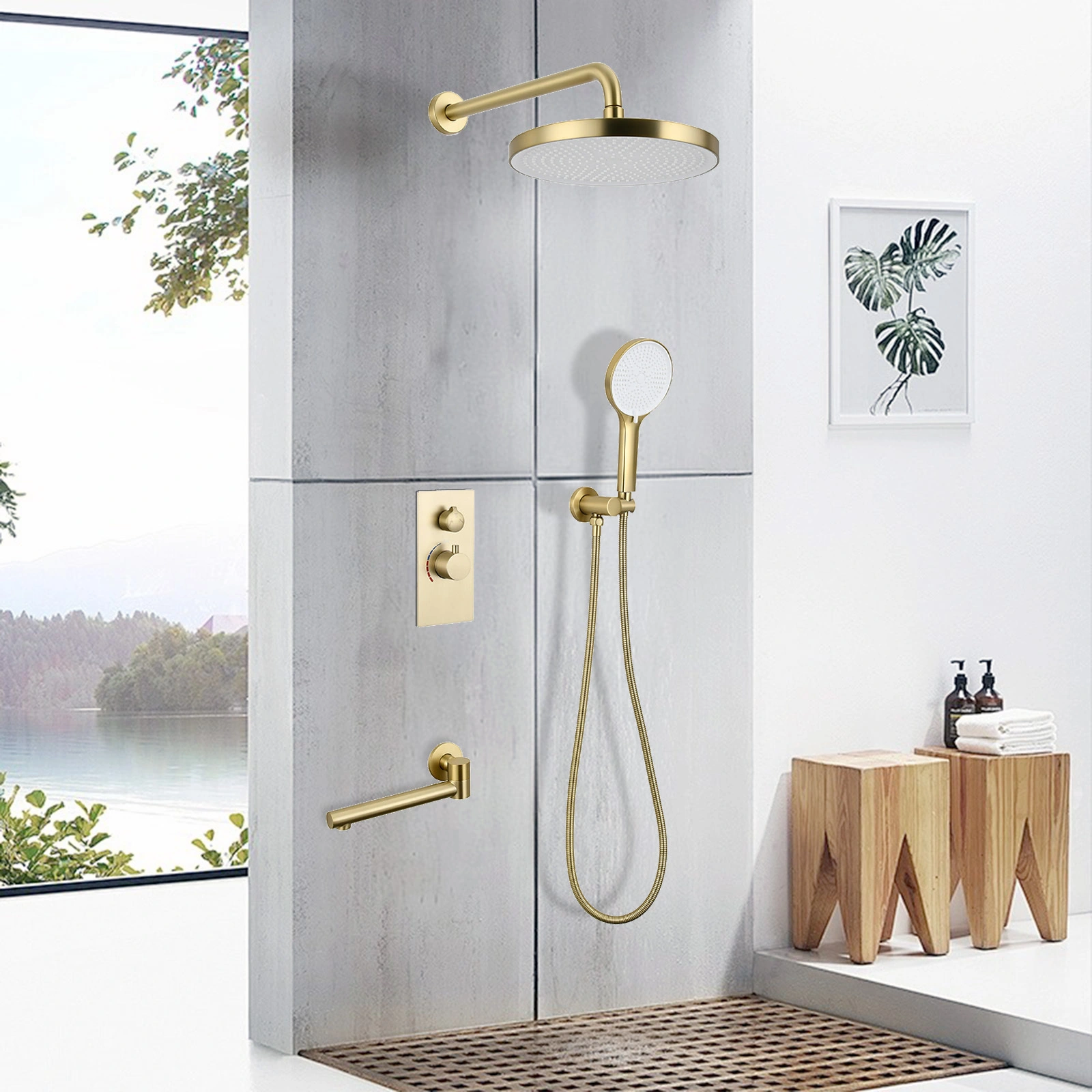 10 Overhead Shower,Luxury 3-Function Shower System Set - Solid Brass Control Valve, 3-Spray Handheld, with Bathtub Spout 1