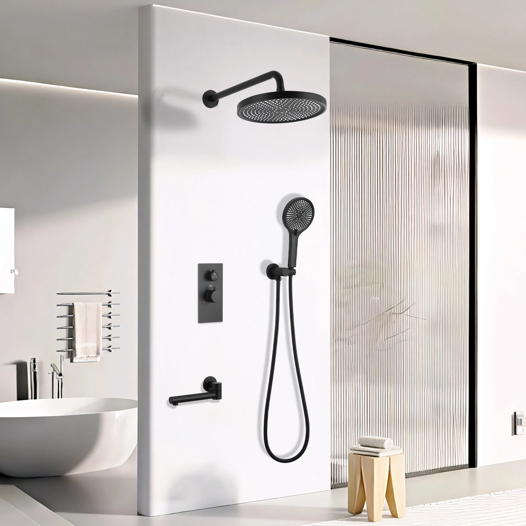 Luxury 3-Function Shower System Set - Solid Brass Control Valve, 10 Overhead Shower, 3-Spray Handheld, with Bathtub Spout 1