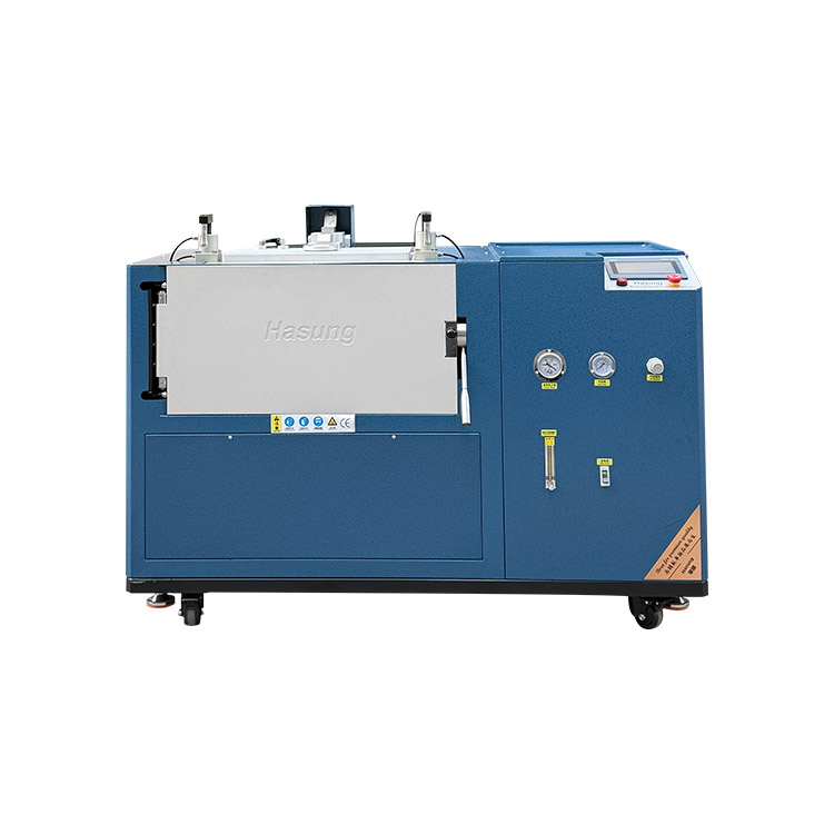 Side profile of the automated gold bar casting machine, showcasing its heavy-duty industrial casing and compact chamber design.