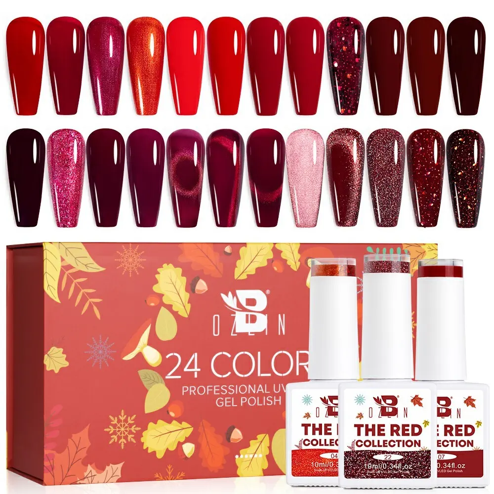 BOZLIN Wholesale Mix Red Color Series TPO Free 10ml UV Cat Eye Glitter Color Gel Nail Polish Set 1