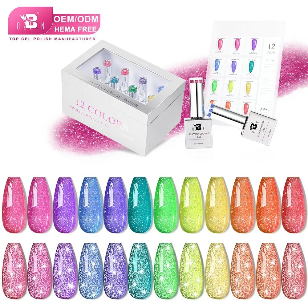 BOZLIN Custom Logo 12 colors Jelly Glitter Reflective Gel Nail Polish Factory 1
