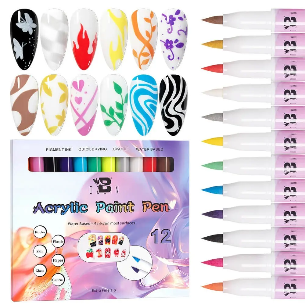 BOZLIN OEM 12 Colors Pens Graffiti Nail Dotting Acrylic Paint Pens Painting Point Nail Art Pens Set- 1