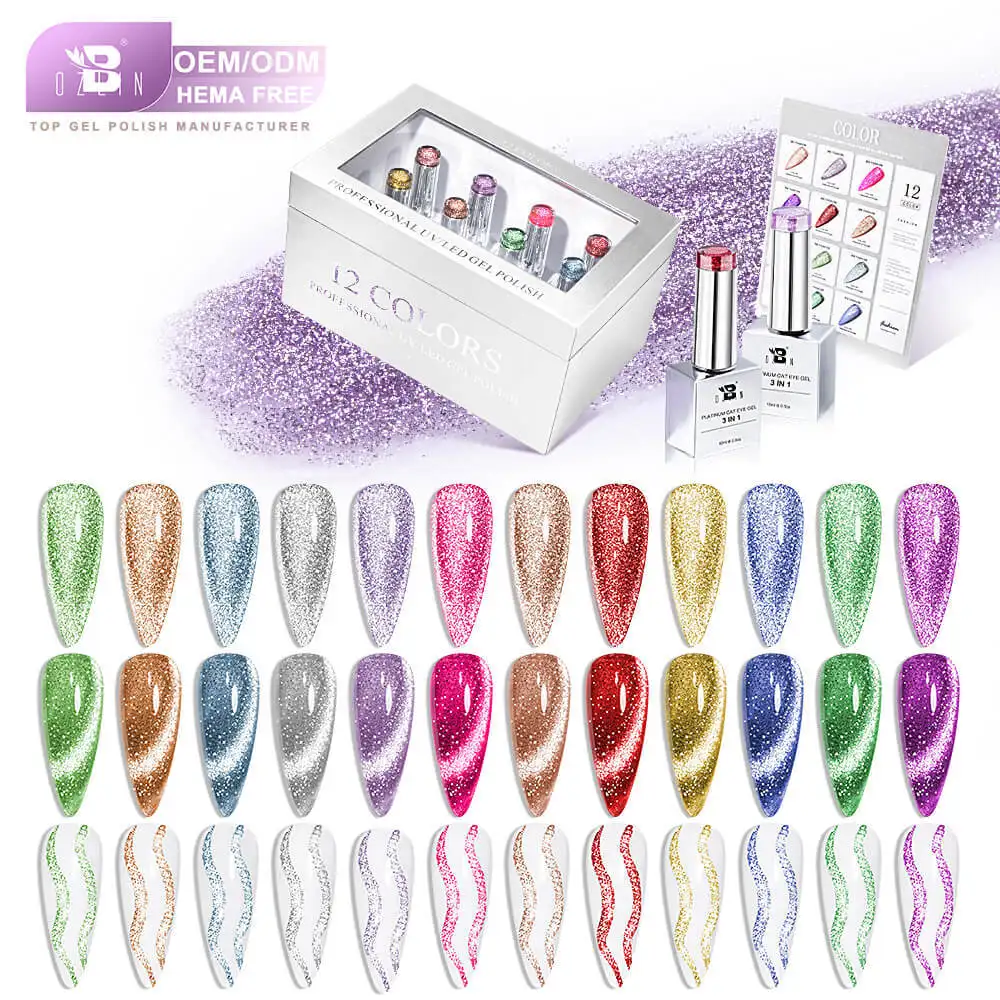 BOZLIN HEMA TPO Free 12 Colors 3 in 1 Diamond Flash Cat Eye Gel Polish Set 1