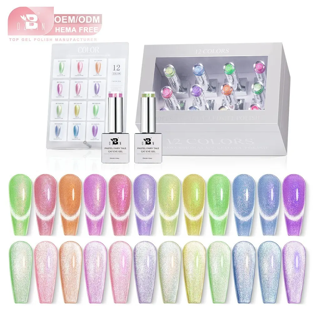 BOZLIN Custom Hema Free TPO Free 12 Colors Pastel Fairy Tale Diamond Glitter Cat Eye Gel Nail Polish 1