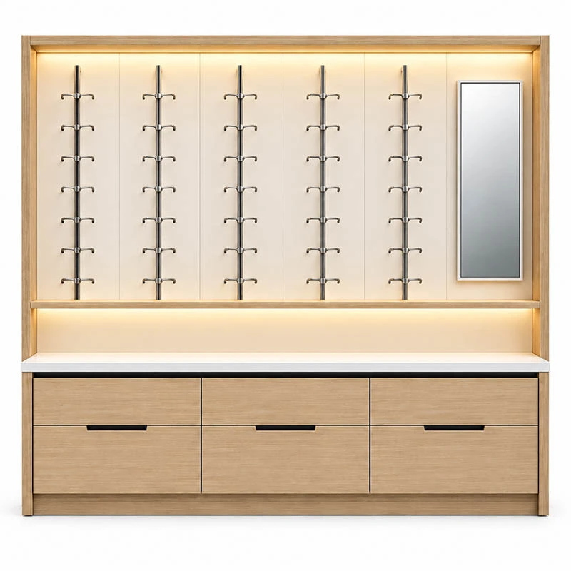Custom LED Eyewear Wall Display Showcase with Storage 1