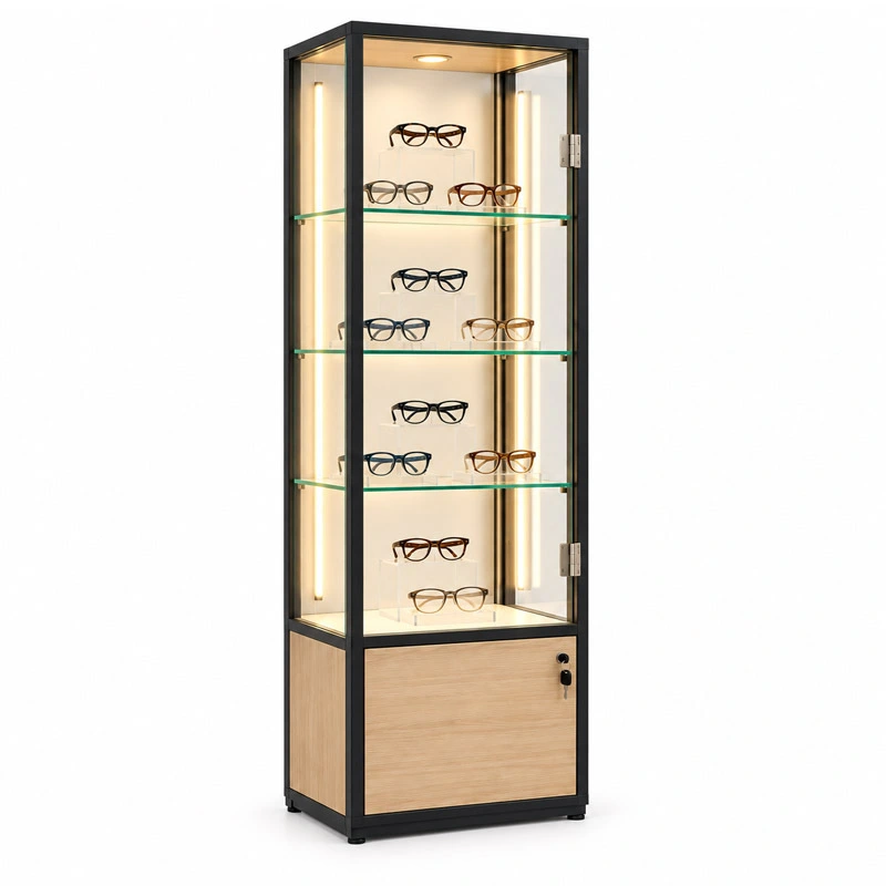 Vitrine sur pied personnalisée pour lunettes en verre avec éclairage LED 1