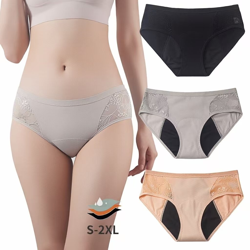 OEM ODM  Underwear Factory  Mid-Waist Sexy Lace Period Panties 3-Layer Leakproof Menstrual Underwear 9179# 1