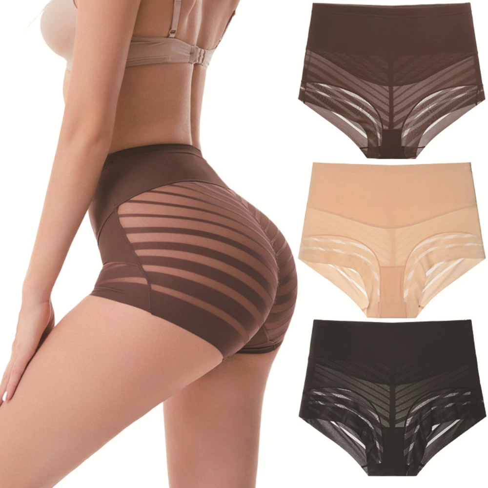 Striped Lace Mid-Waist Tummy Control Panty Slimming Underwear A1# 1