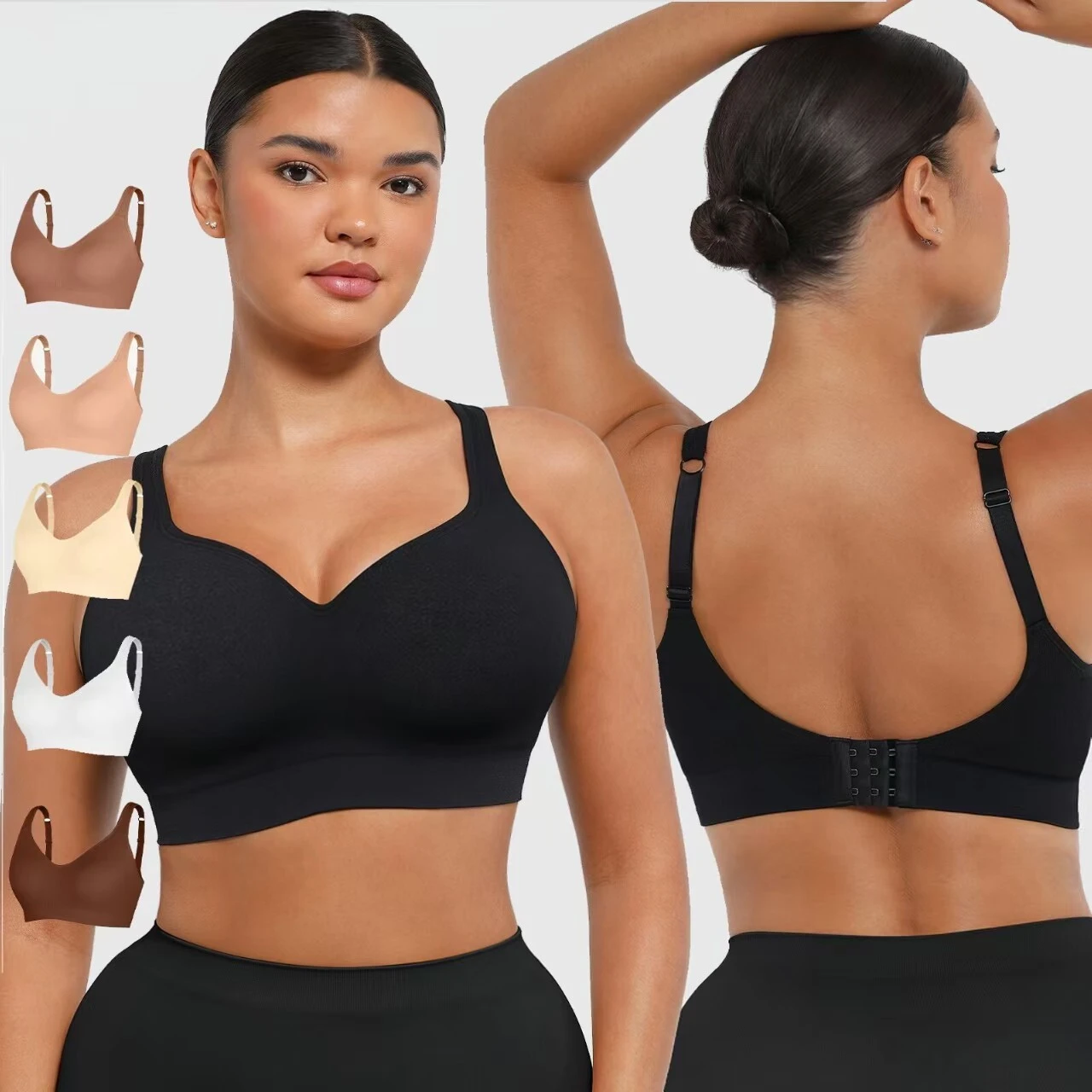 Sutiã feminino sem costura com decote em V e cor sólida, fabricado em série. 1