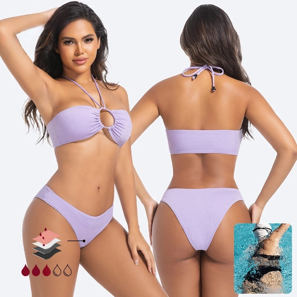 ملابس سباحة نسائية باللون الأرجواني، قطعتين، بتصميم هالتر وشق جانبي، متوفرة بالجملة. 1