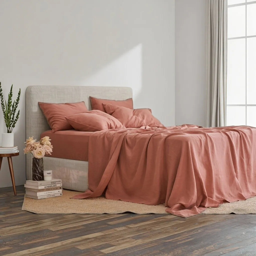 Eco-friendly Solid Color 100% Linen Pillowcase Flat Fitted Sheet Set 1