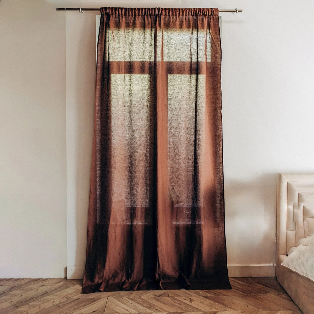 Bedroom Washed French Linen Pleated Semi Sheer Large Window Curtain 1