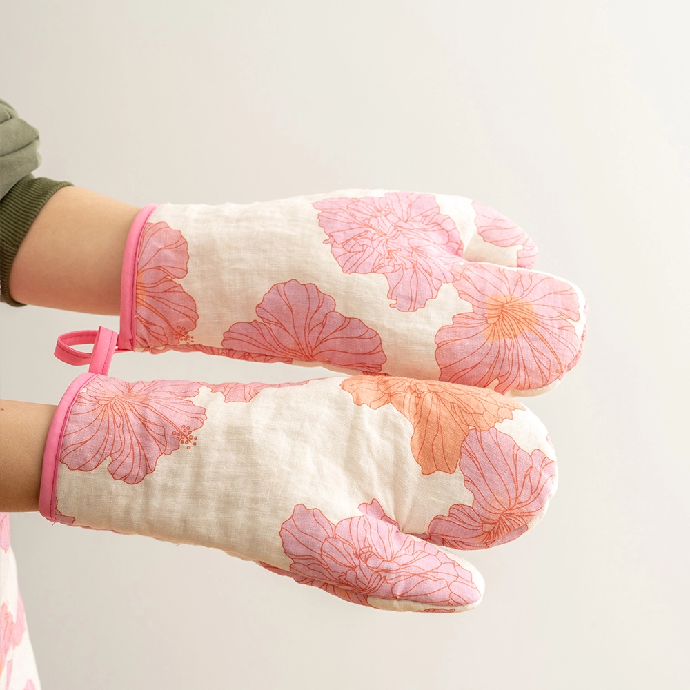 Heat Resistant Quilted Flax Linen Oven Mitt Insulated Kitchen Gloves for Baking 1