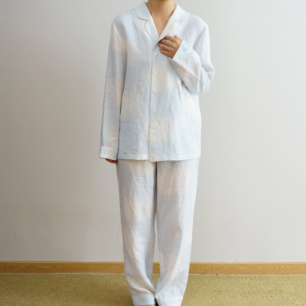Tie Dye Printed Sleepwear Long Sleeve 100% Pure Linen Women Pajamas Set 1