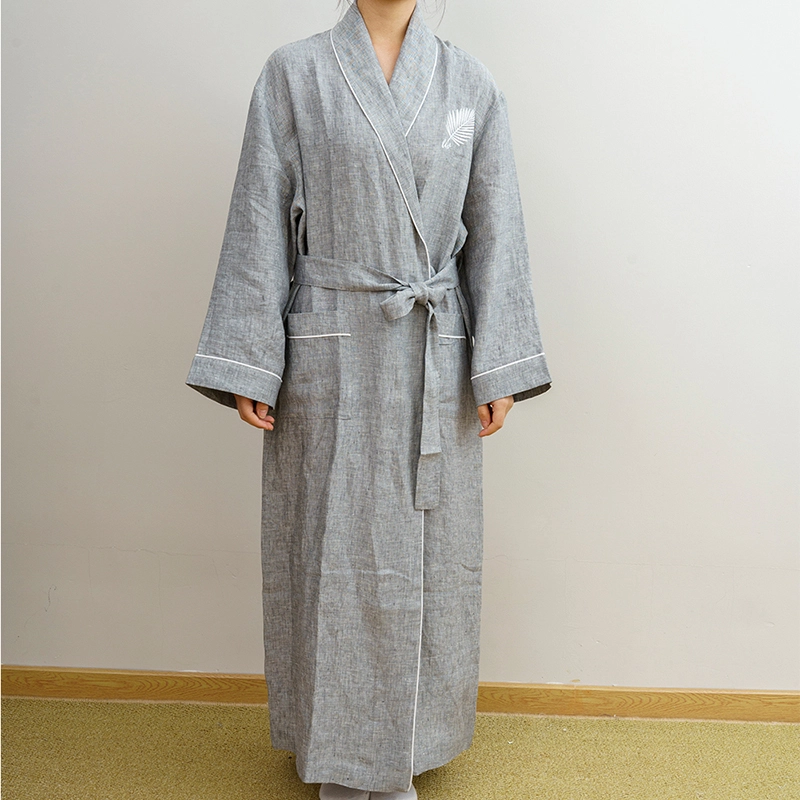 Luxury Embroidery Logo Long Sleeve Organic French Linen Knee Length Bath Robe 1