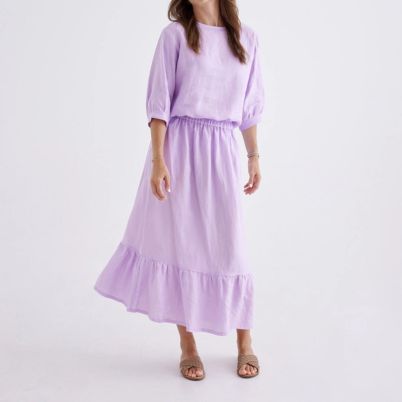 Solid Color 100% Pure Linen Midi Length Women Long Skirt for Summer Outdoor 1