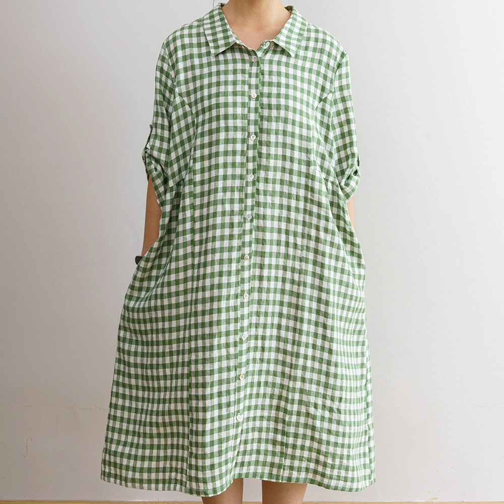 Turn Down Collar Neck Green Plaid Linen Women Casual Dress With Side Pocket 1